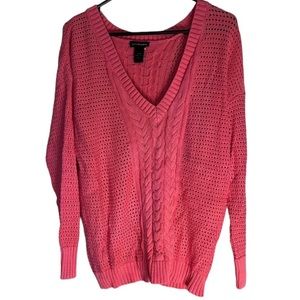 Lane Bryant Womens Pullover Sweater Coral Long Sleeve V Neck Cable Knit